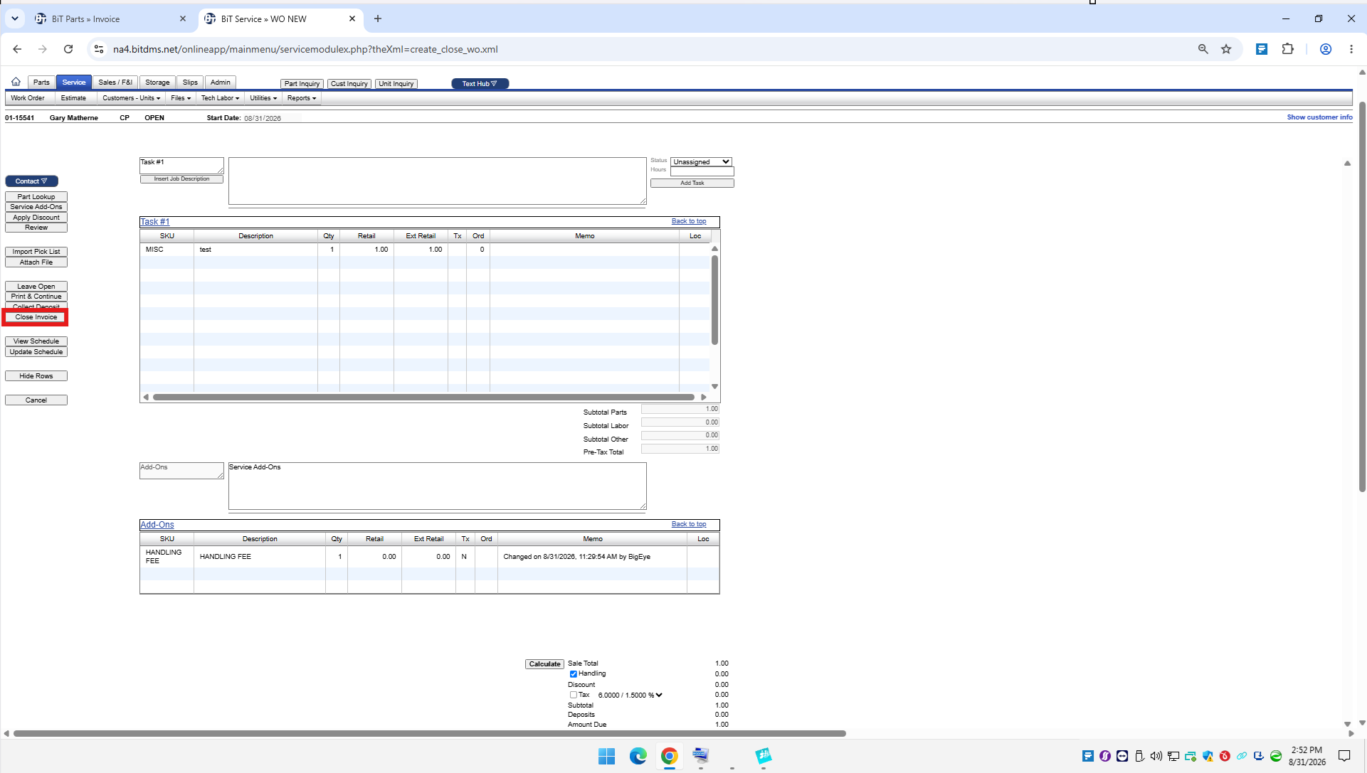 BIT Dealer Management Software · Service Order · Service Order · Card Present · Surcharge preview