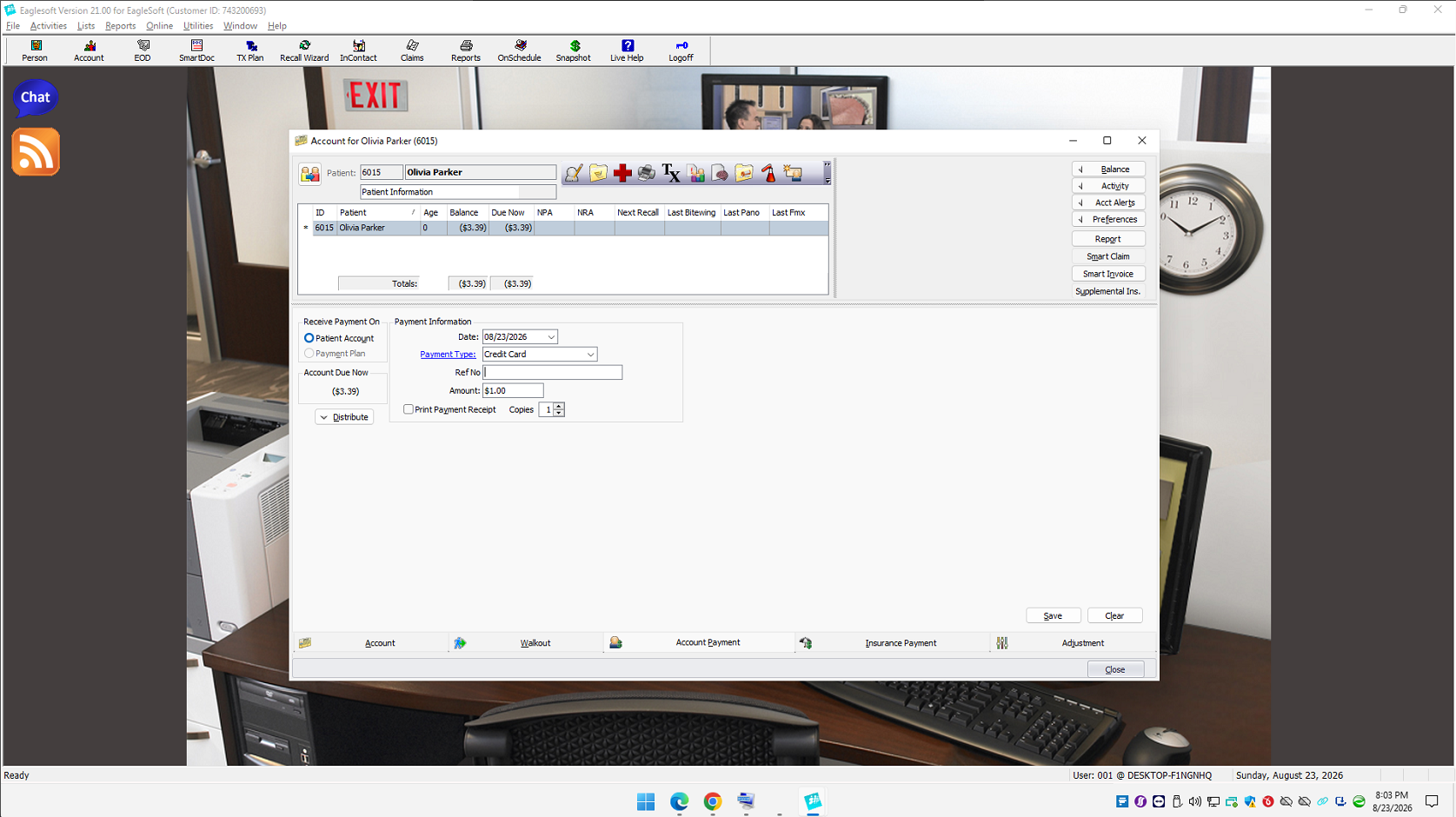 Eaglesoft · Payment Window · Card Present · Surcharge preview