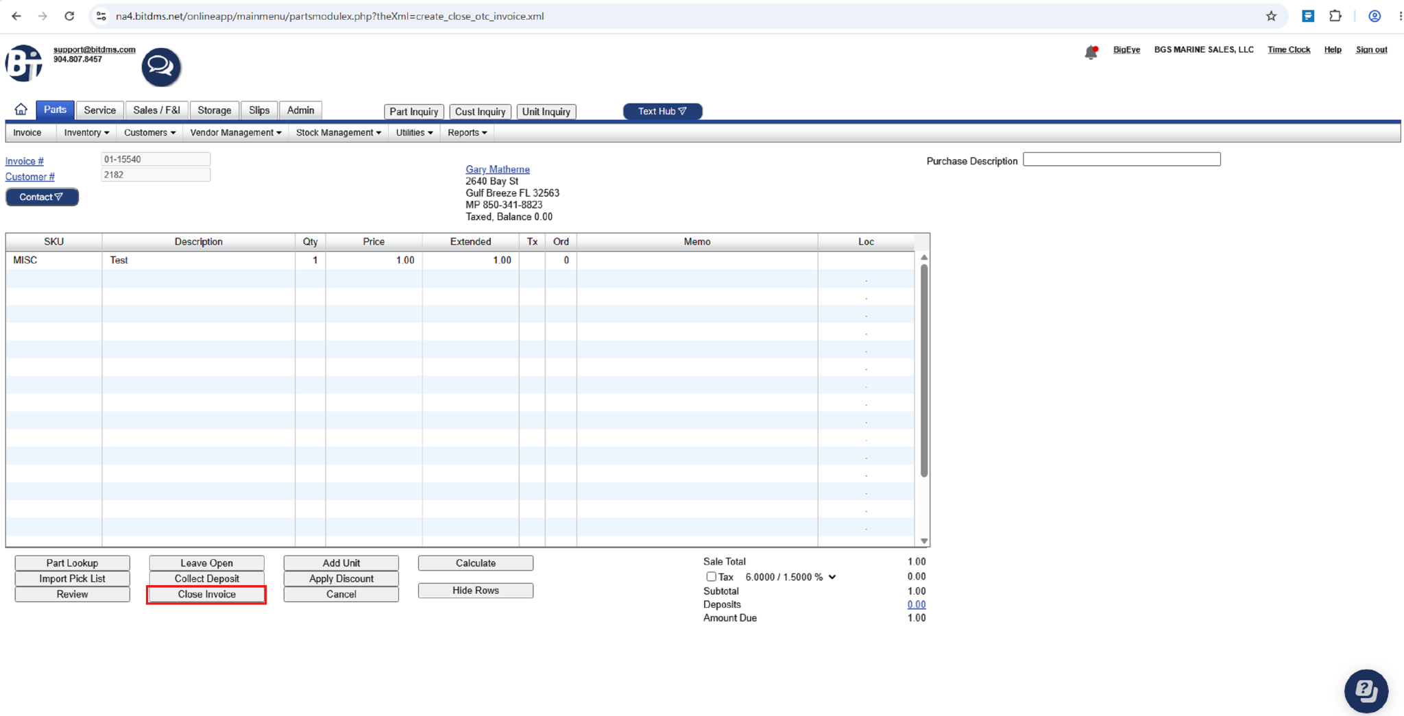 BIT Dealer Management Software · Parts Order · Parts Order · Card Not Present · Surcharge preview